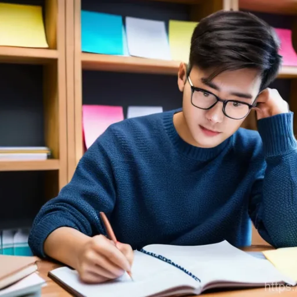 마케팅관리사 기출문제 분석 - A focused young adult, casually dressed in a comfortable sweater and jeans, diligently studying at a...