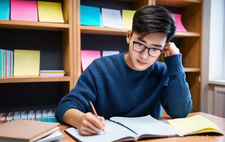 마케팅관리사 기출문제 분석 - A focused young adult, casually dressed in a comfortable sweater and jeans, diligently studying at a...