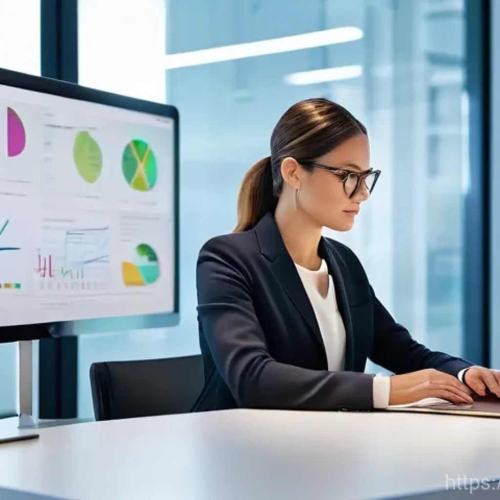 마케팅관리사와 CRM 활용법 - A focused, professional female marketing manager in her mid-30s, wearing a smart business casual out...