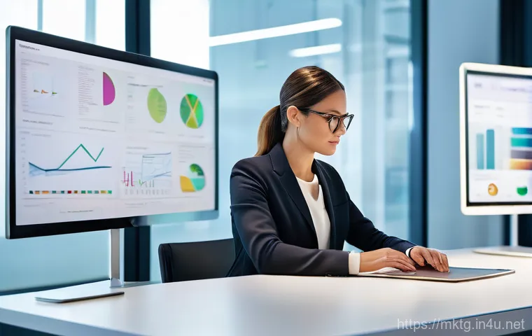 마케팅관리사와 CRM 활용법 - A focused, professional female marketing manager in her mid-30s, wearing a smart business casual out...