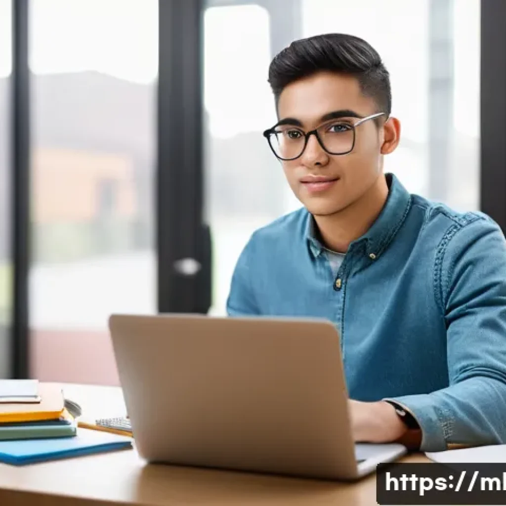 마케팅관리사 실기 준비 팁 - A focused male student in his early twenties sits at a clean, well-lit desk. He is wearing a comfort...