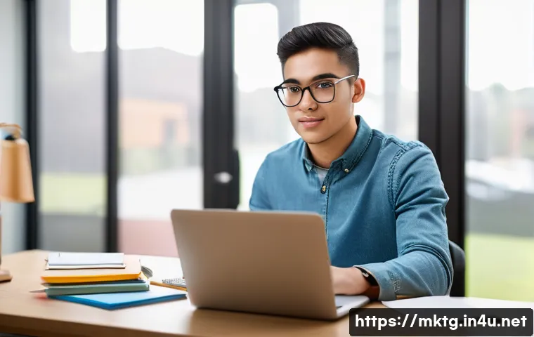 마케팅관리사 실기 준비 팁 - A focused male student in his early twenties sits at a clean, well-lit desk. He is wearing a comfort...