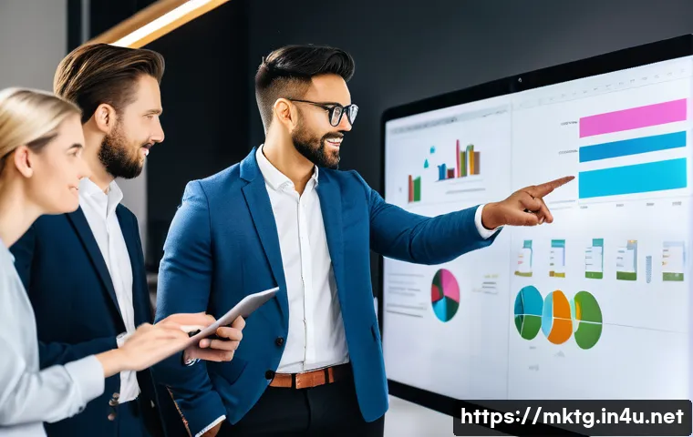 마케팅관리사 실무 일기 공유 플랫폼 - A diverse group of professional marketing managers, both male and female, in a modern, brightly lit ...