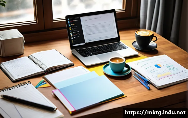 마케팅관리사 시험 결과 분석과 다음 단계 - A detailed study desk setup with open textbooks and colorful notes focusing on marketing management ...