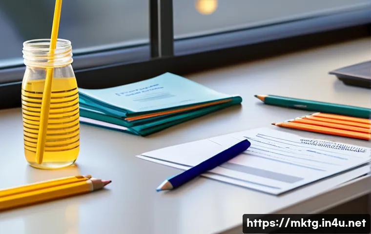 마케팅관리사 시험 대비 최종 점검 리스트 - A detailed and realistic study desk setup for exam preparation, featuring neatly arranged essential ...