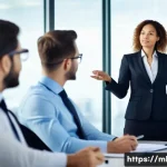 마케팅관리사 자격증 취득 후 직장 만족도 변화 - A confident professional woman in business attire presenting confidently in a modern office meeting ...
