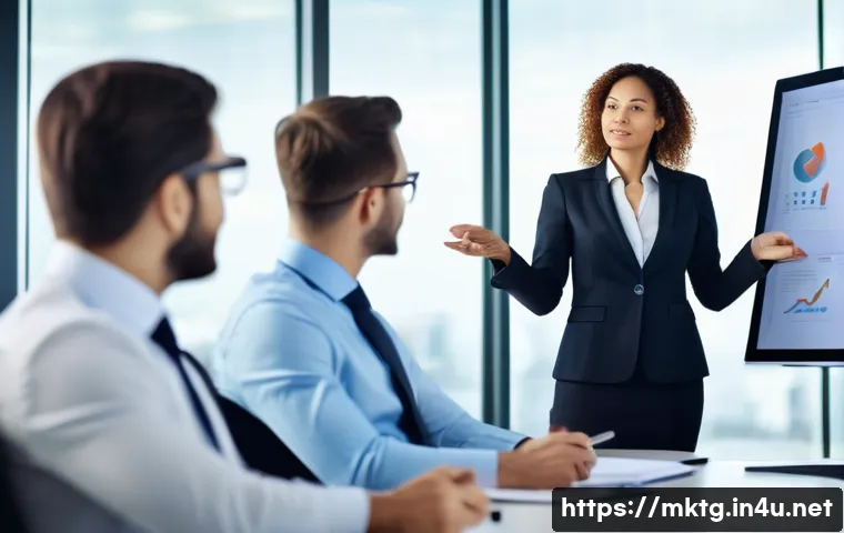 마케팅관리사 자격증 취득 후 직장 만족도 변화 - A confident professional woman in business attire presenting confidently in a modern office meeting ...