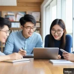 마케팅관리사 시험 준비를 위한 스터디 모임 - A diverse study group of five young adults in a modern, quiet study room with large windows letting ...