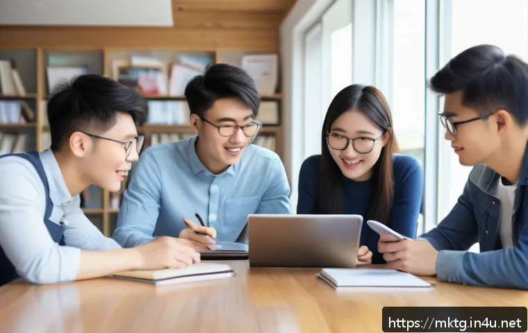 마케팅관리사 시험 준비를 위한 스터디 모임 - A diverse study group of five young adults in a modern, quiet study room with large windows letting ...