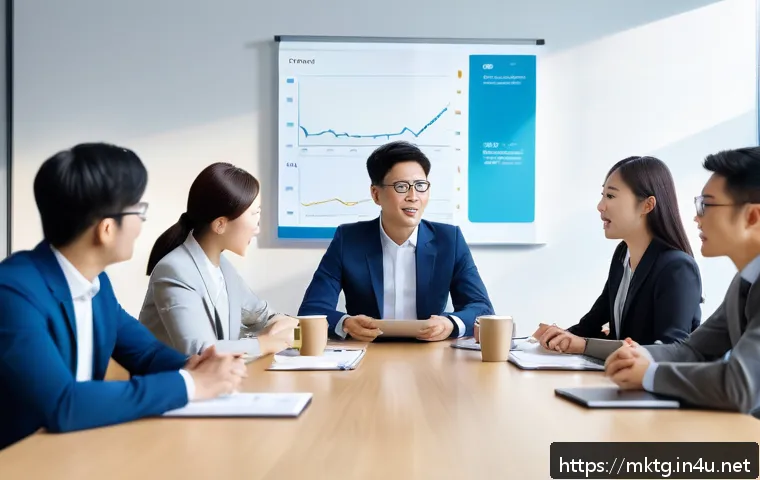 마케팅관리사 실기 시험에서 강조되는 협업 능력 - A professional marketing team engaged in a collaborative meeting in a modern office setting, focused...